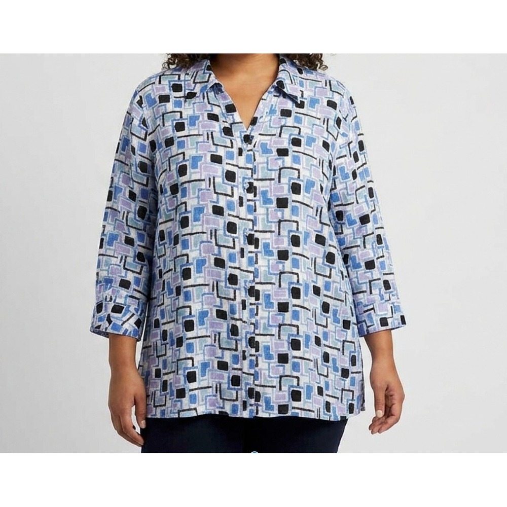 JM Geometric Print 3/4 Sleeve 100% Linen Top 22W 3X Button Down Shirt Breathable